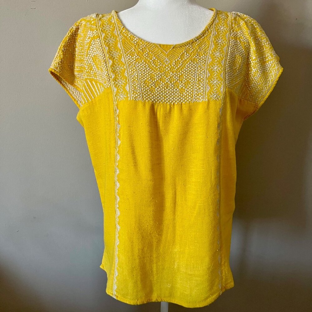 Lucky Brand Yellow with White Embroidery Button Back Top M